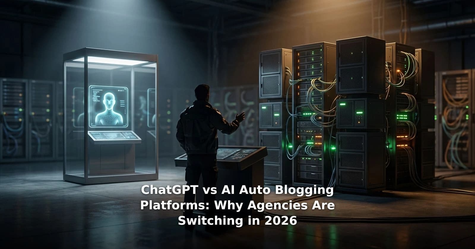 ChatGPT vs AI auto blogging platforms workflow comparison dashboard showing StackSerp automation pipeline