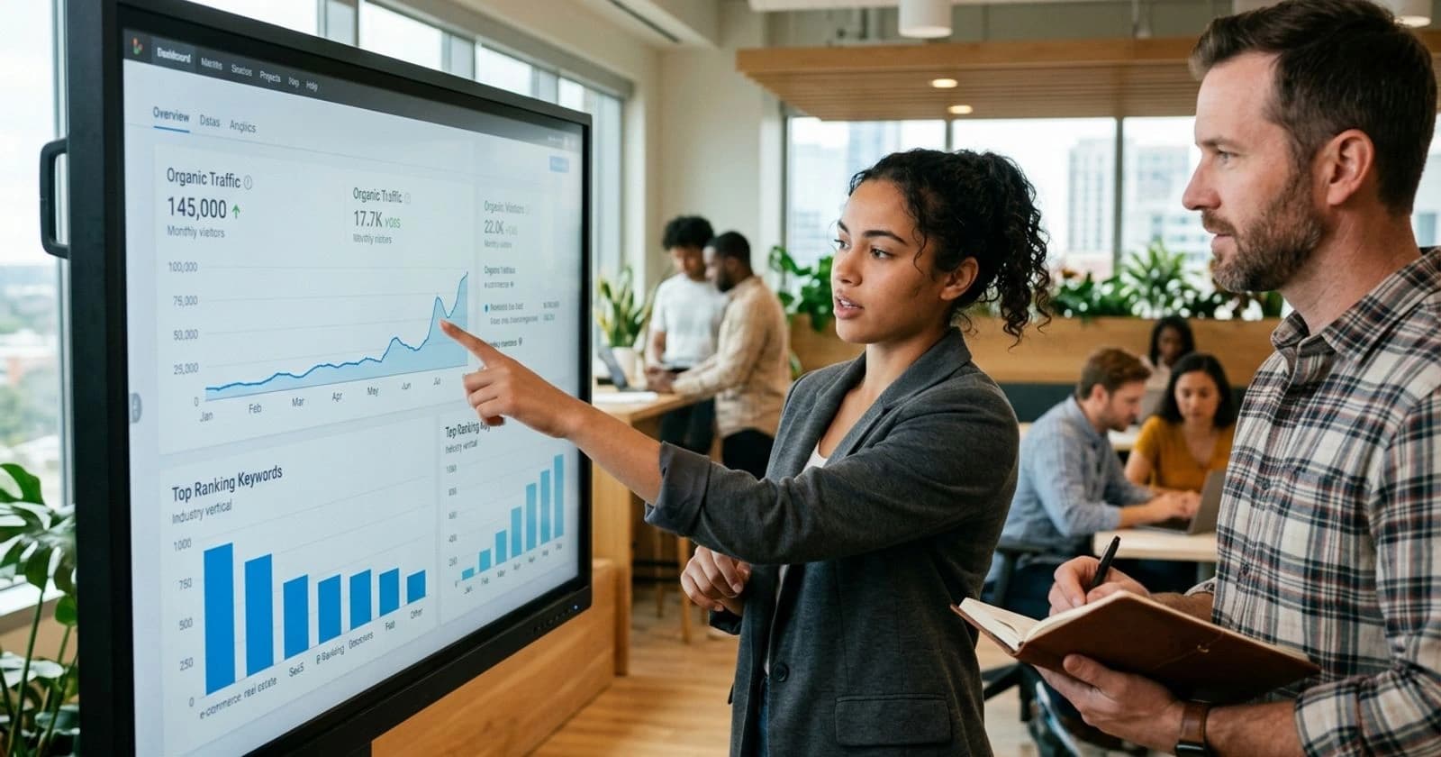 SEO auto blogging case studies dashboard showing 12-month organic ranking trajectories across SaaS and eCommerce verticals